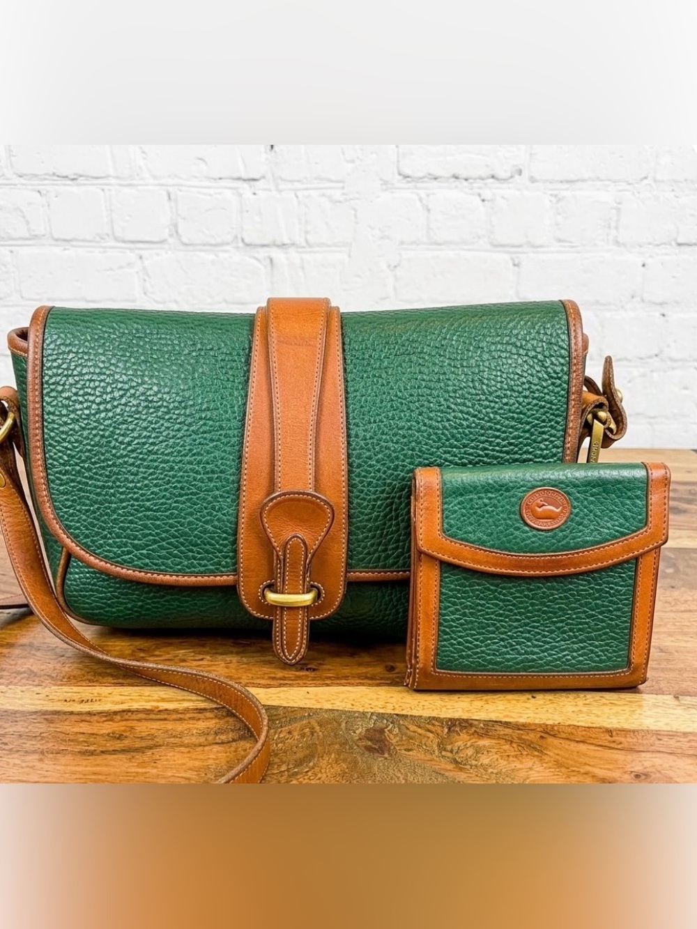 Dooney & Bourke Green Leather Crossbody Bag with Matching Kiss Lock Wallet